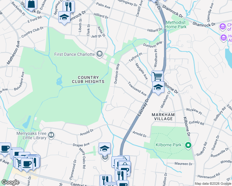 map of restaurants, bars, coffee shops, grocery stores, and more near 2512 Dunlavin Way in Charlotte