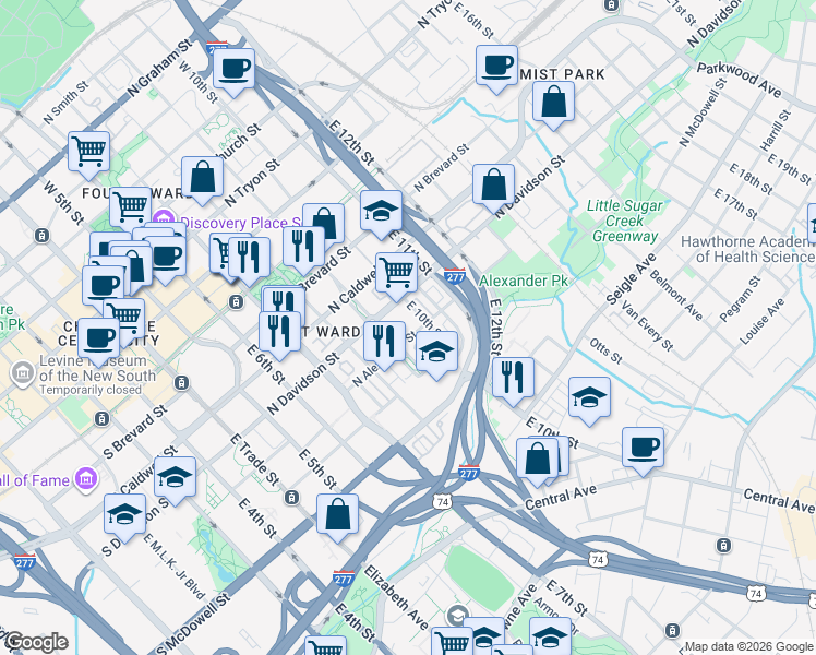 map of restaurants, bars, coffee shops, grocery stores, and more near in Charlotte