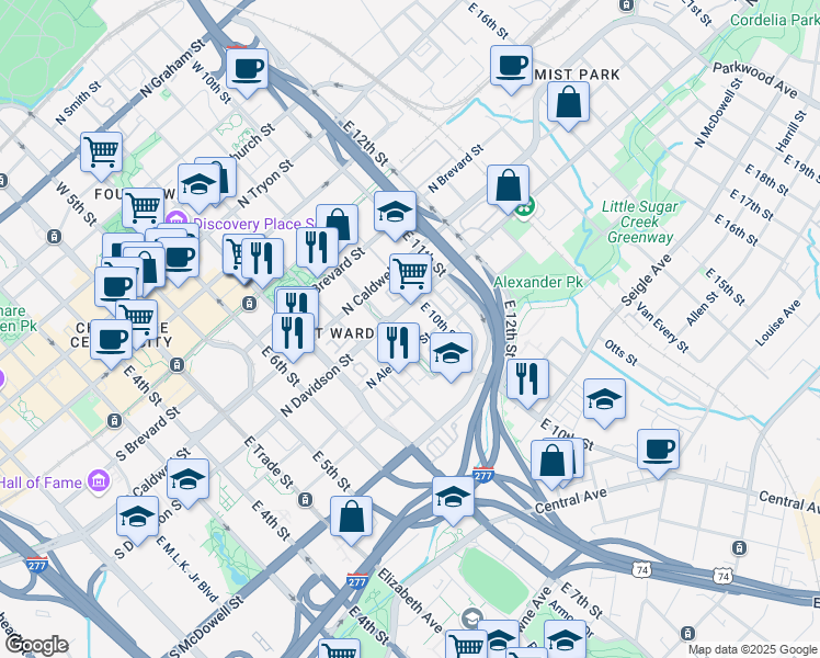 map of restaurants, bars, coffee shops, grocery stores, and more near 646 East 9th Street in Charlotte