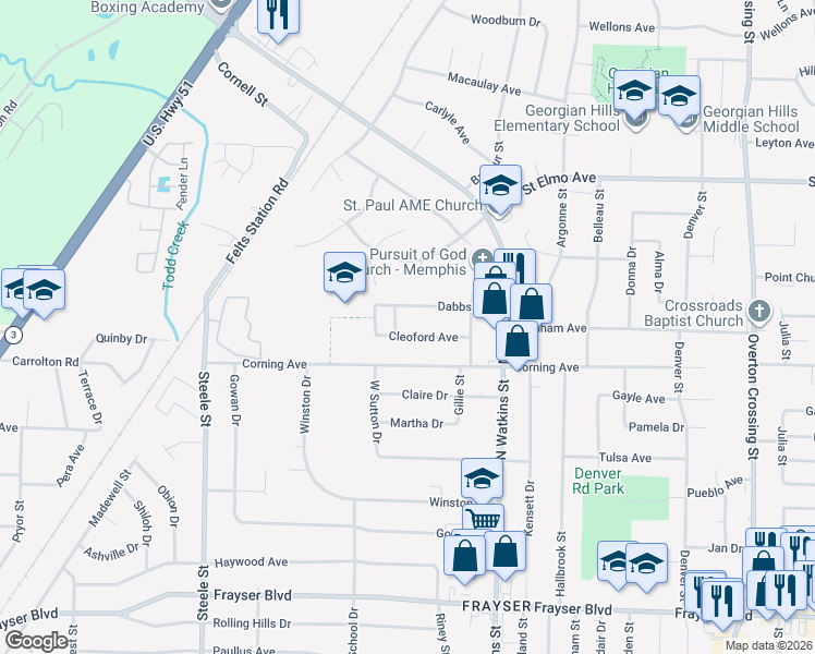 map of restaurants, bars, coffee shops, grocery stores, and more near 1687 Cleoford Avenue in Memphis