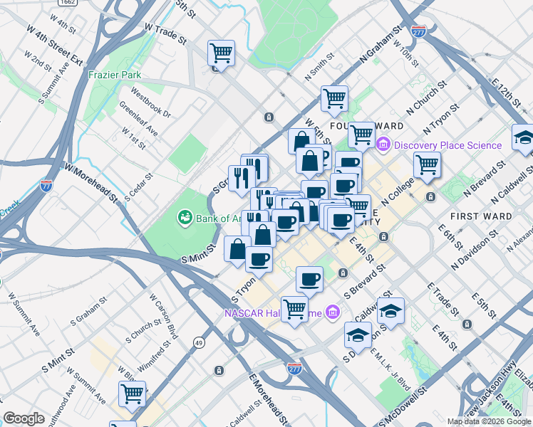 map of restaurants, bars, coffee shops, grocery stores, and more near 216 W Martin Luther King Jr Blvd in Charlotte