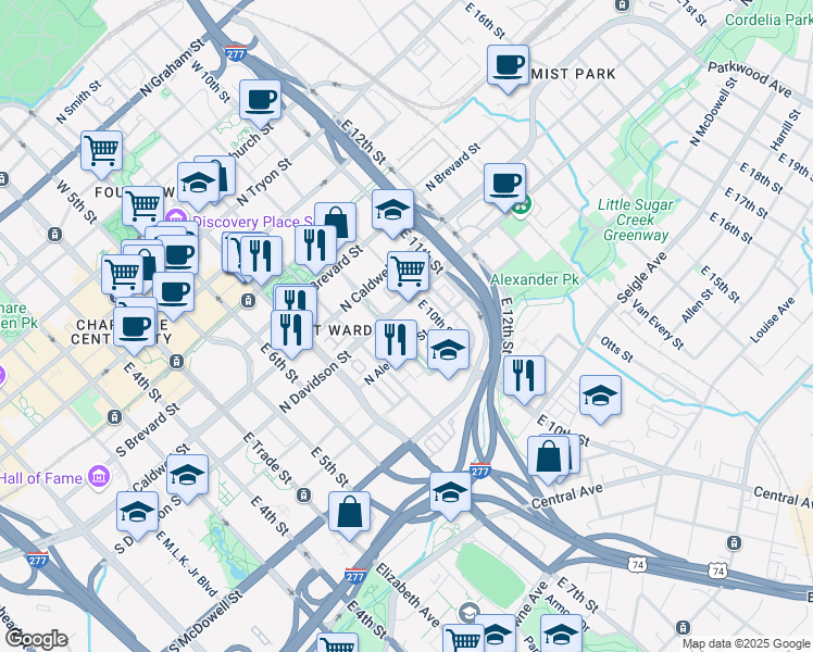 map of restaurants, bars, coffee shops, grocery stores, and more near 646 East 9th Street in Charlotte