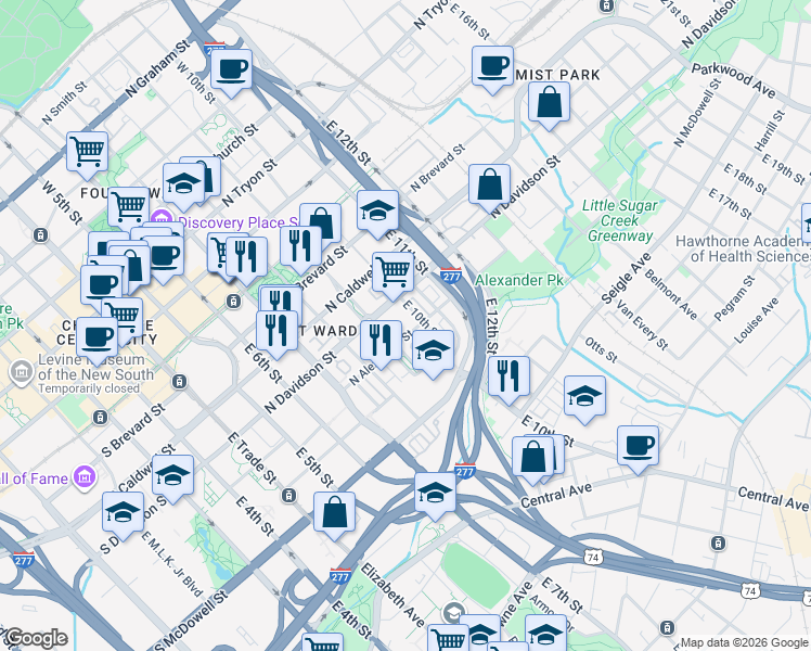 map of restaurants, bars, coffee shops, grocery stores, and more near in Charlotte