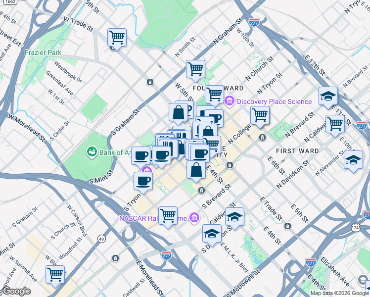 map of restaurants, bars, coffee shops, grocery stores, and more near 200 South Tryon Street in Charlotte