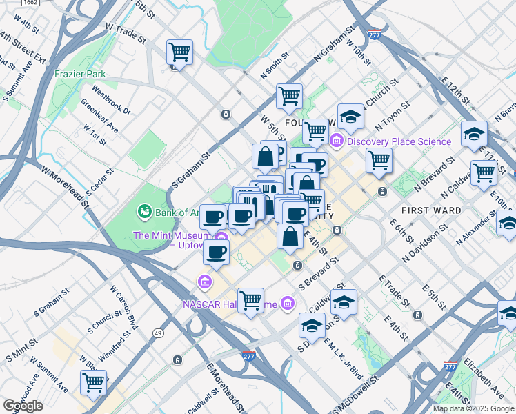 map of restaurants, bars, coffee shops, grocery stores, and more near in Charlotte
