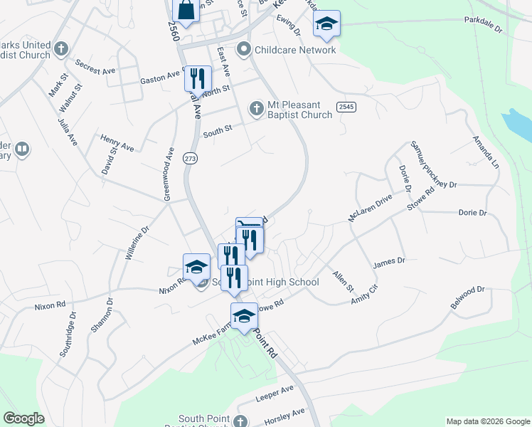 map of restaurants, bars, coffee shops, grocery stores, and more near 624 R L Stowe Road in Belmont