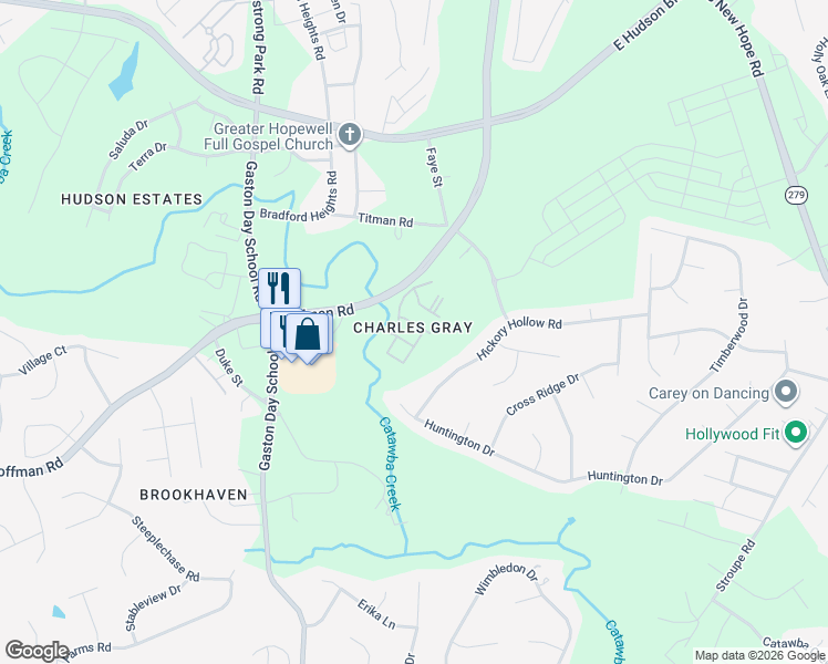 map of restaurants, bars, coffee shops, grocery stores, and more near 2556 Arrowhead Circle in Gastonia