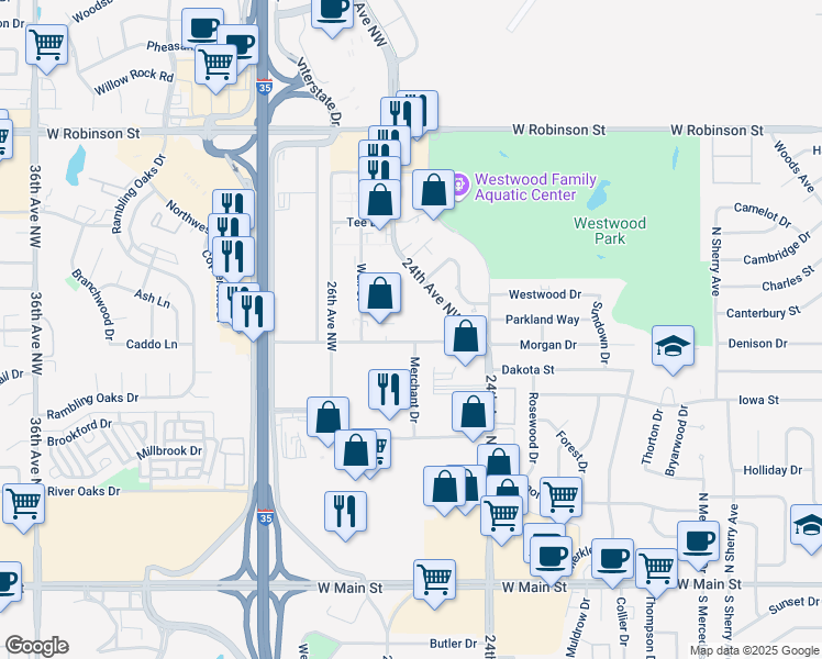 map of restaurants, bars, coffee shops, grocery stores, and more near 2685 Boardwalk Street in Norman