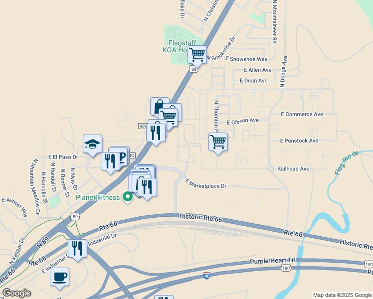 map of restaurants, bars, coffee shops, grocery stores, and more near 4951 North Mall Way in Flagstaff