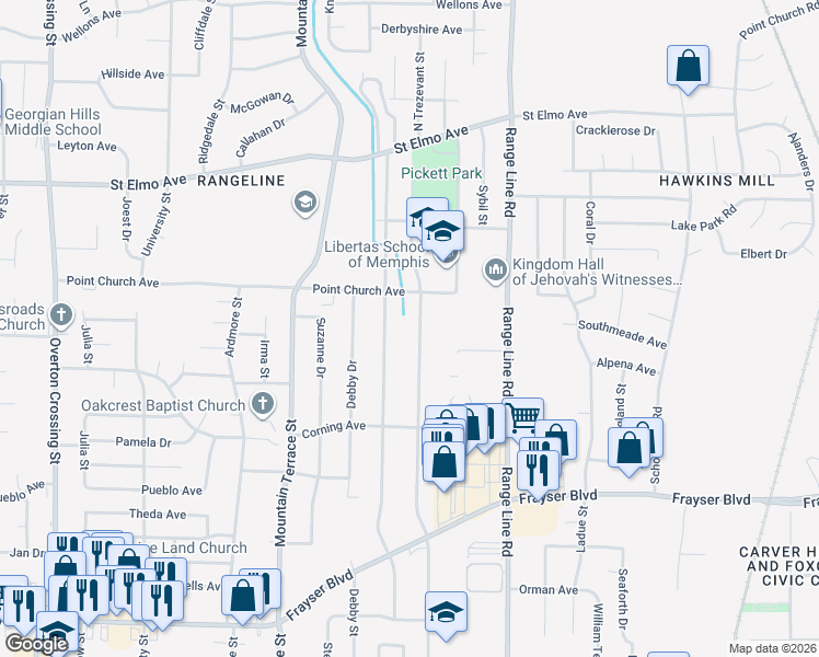 map of restaurants, bars, coffee shops, grocery stores, and more near 3674 North Trezevant Street in Memphis