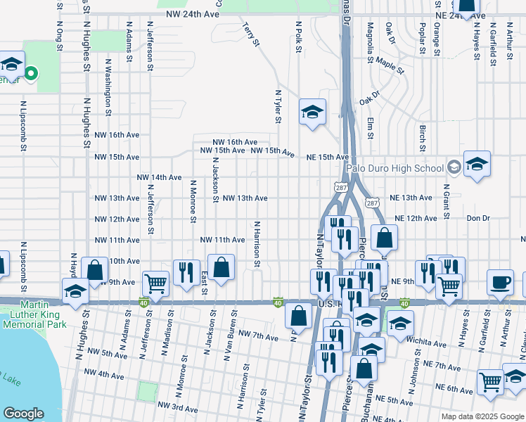 map of restaurants, bars, coffee shops, grocery stores, and more near 1110 North Harrison Street in Amarillo