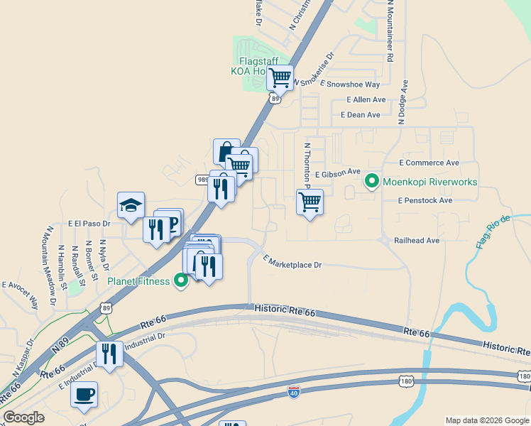 map of restaurants, bars, coffee shops, grocery stores, and more near 4951 North Mall Way in Flagstaff