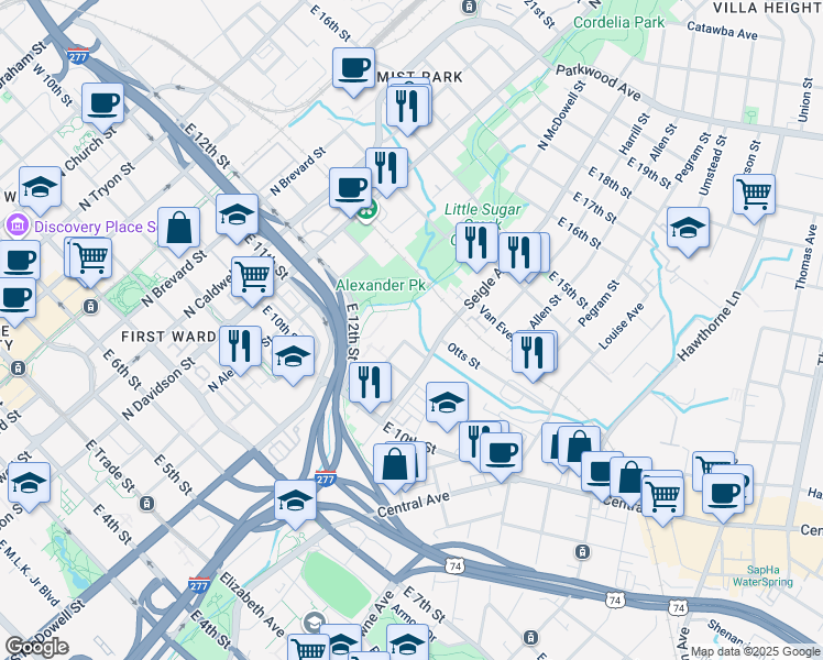 map of restaurants, bars, coffee shops, grocery stores, and more near 110 Winding Path Way in Charlotte
