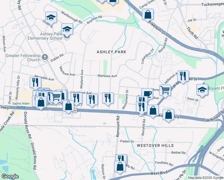 map of restaurants, bars, coffee shops, grocery stores, and more near 2204 Camp Greene Street in Charlotte