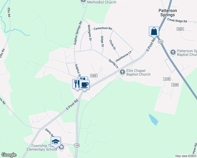 map of restaurants, bars, coffee shops, grocery stores, and more near 2267 South Post Road in Shelby