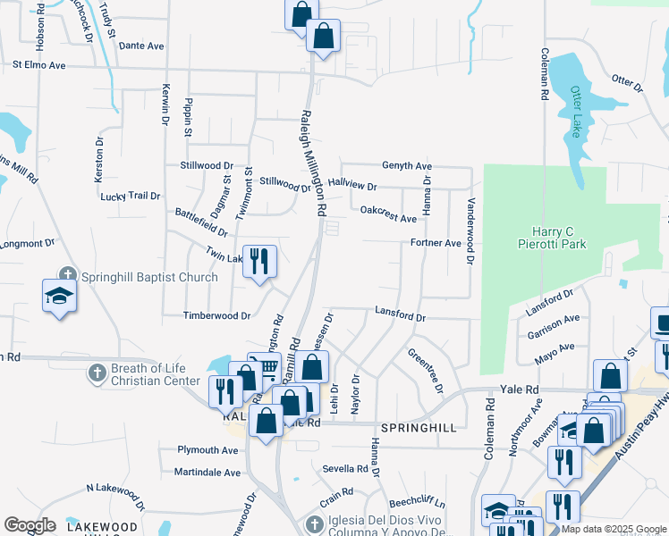 map of restaurants, bars, coffee shops, grocery stores, and more near 3680 Ramill Road in Memphis