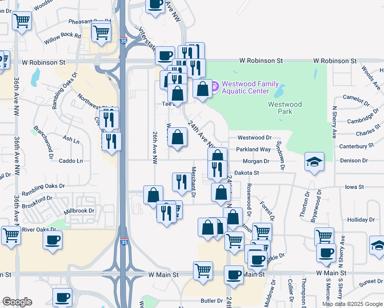 map of restaurants, bars, coffee shops, grocery stores, and more near 2685 Boardwalk Street in Norman