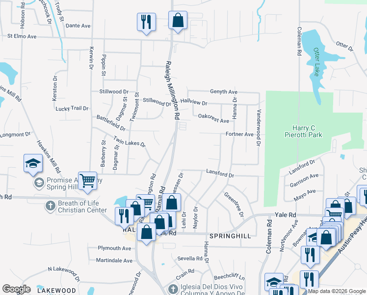 map of restaurants, bars, coffee shops, grocery stores, and more near 3680 Ramill Road in Memphis