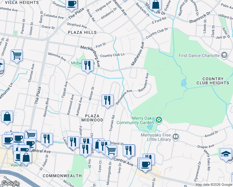 map of restaurants, bars, coffee shops, grocery stores, and more near in Charlotte