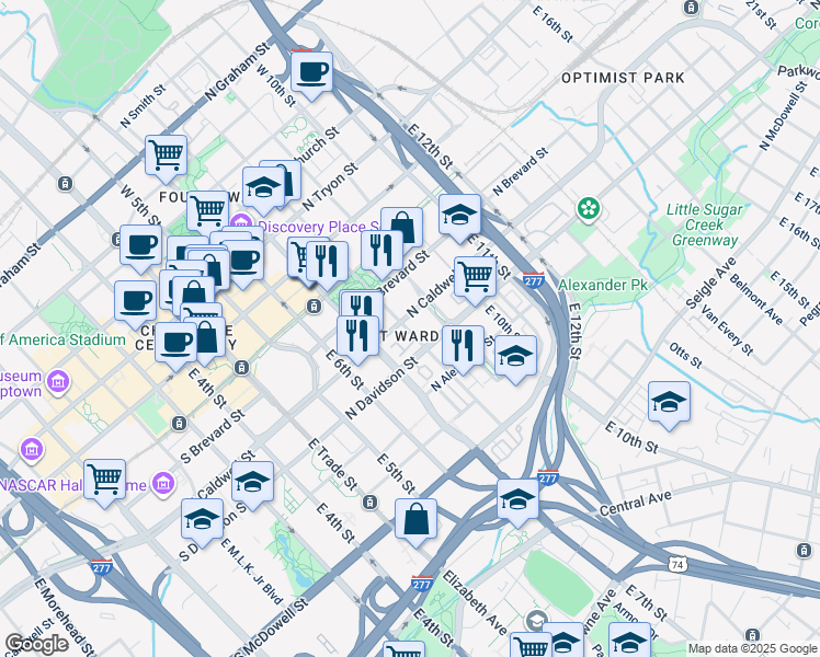 map of restaurants, bars, coffee shops, grocery stores, and more near 501 East 8th Street in Charlotte