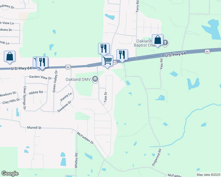 map of restaurants, bars, coffee shops, grocery stores, and more near 450 Tate Drive in Oakland