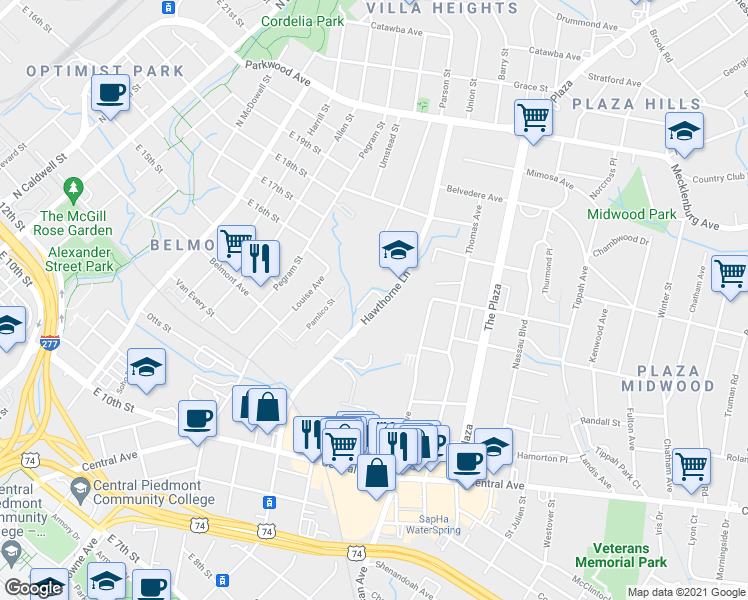 map of restaurants, bars, coffee shops, grocery stores, and more near 1323 Hawthorne Lane in Charlotte