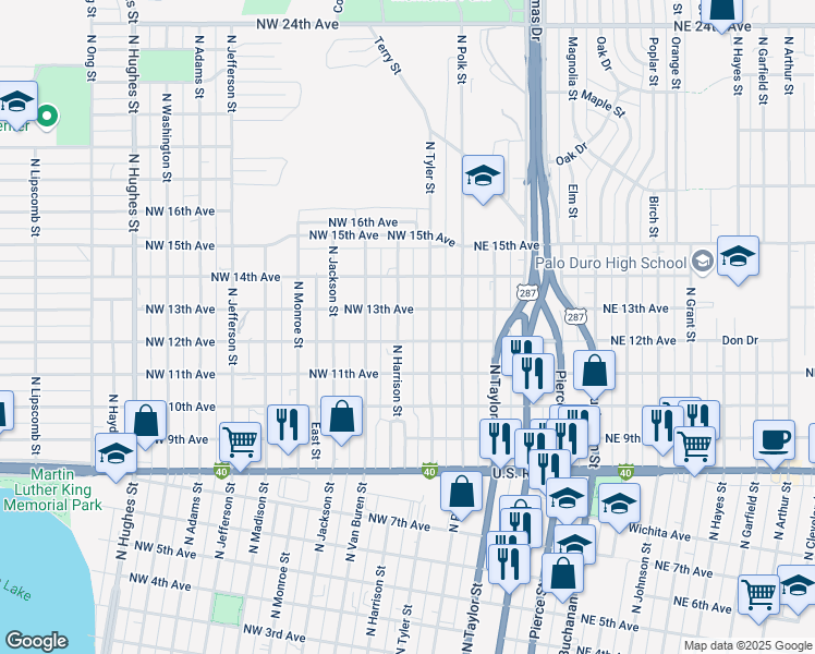 map of restaurants, bars, coffee shops, grocery stores, and more near 1110 North Harrison Street in Amarillo