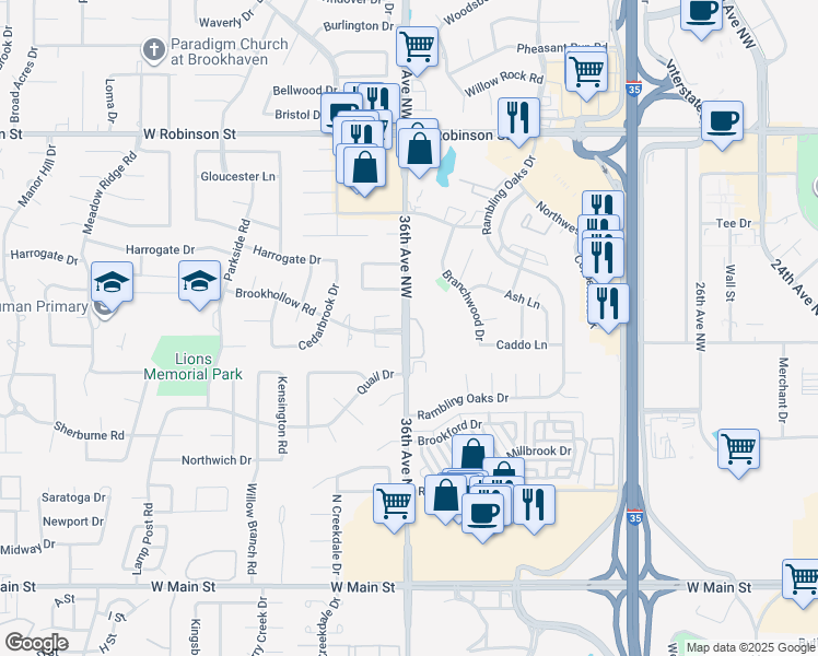 map of restaurants, bars, coffee shops, grocery stores, and more near 703 36th Avenue Northwest in Norman