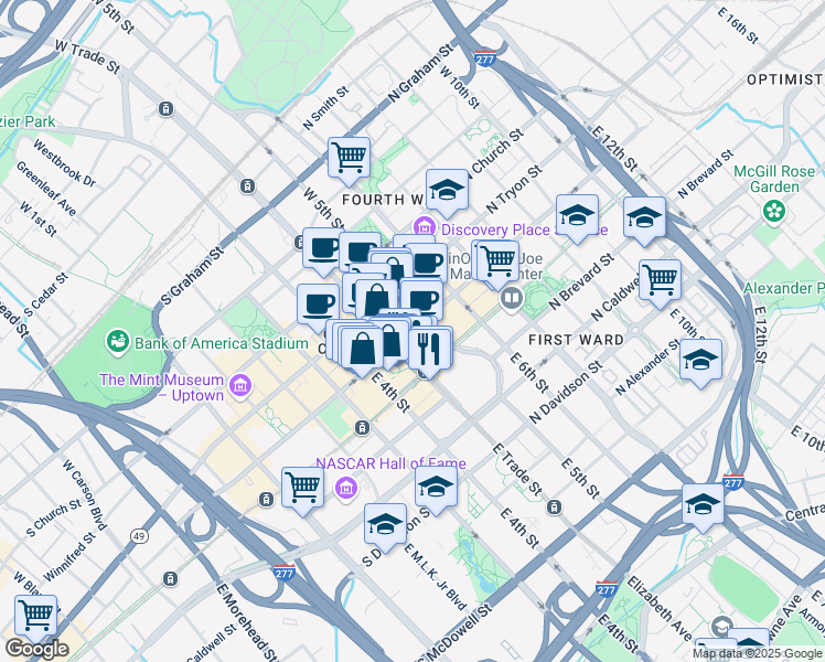 map of restaurants, bars, coffee shops, grocery stores, and more near 150 North College Street in Charlotte