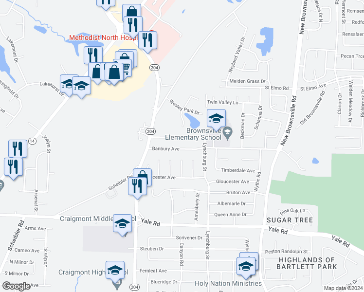 map of restaurants, bars, coffee shops, grocery stores, and more near 5188 Banbury Avenue in Memphis