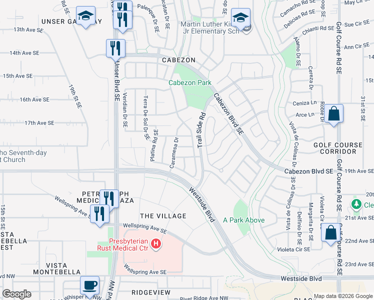 map of restaurants, bars, coffee shops, grocery stores, and more near 2400 Salinas Avenue Southeast in Rio Rancho