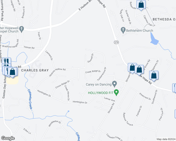 map of restaurants, bars, coffee shops, grocery stores, and more near 4212 Creek Ridge Drive in Gastonia