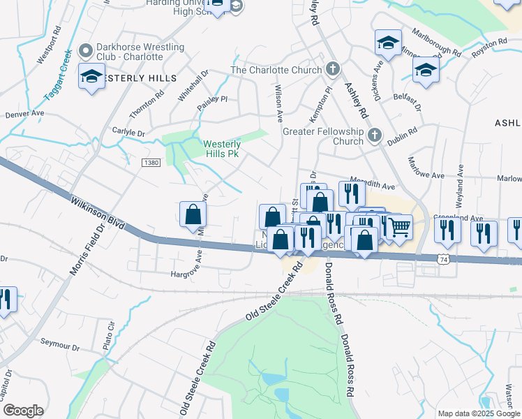 map of restaurants, bars, coffee shops, grocery stores, and more near 2538 Crispin Avenue in Charlotte