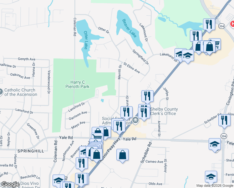 map of restaurants, bars, coffee shops, grocery stores, and more near 3695 Merritt Street in Memphis