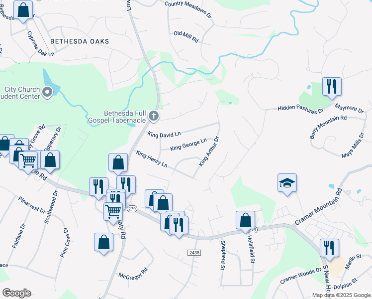 map of restaurants, bars, coffee shops, grocery stores, and more near 413 King John Circle in Gastonia
