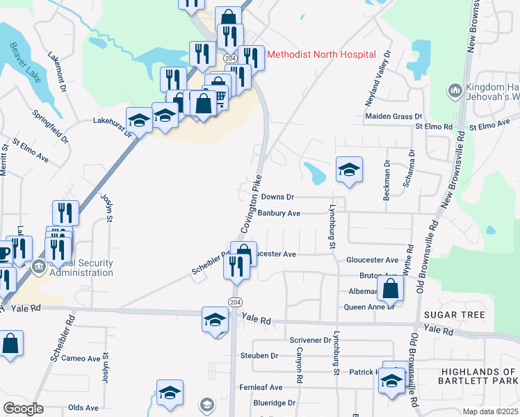 map of restaurants, bars, coffee shops, grocery stores, and more near 5118 Banbury Avenue in Memphis