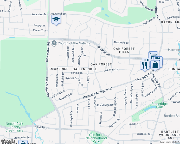 map of restaurants, bars, coffee shops, grocery stores, and more near 3663 Oak Branch Cove in Bartlett