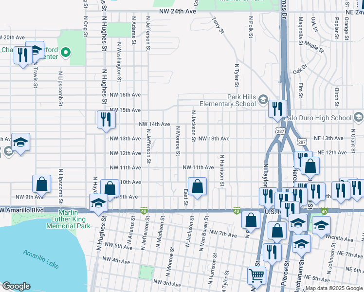 map of restaurants, bars, coffee shops, grocery stores, and more near 1111 North Monroe Street in Amarillo