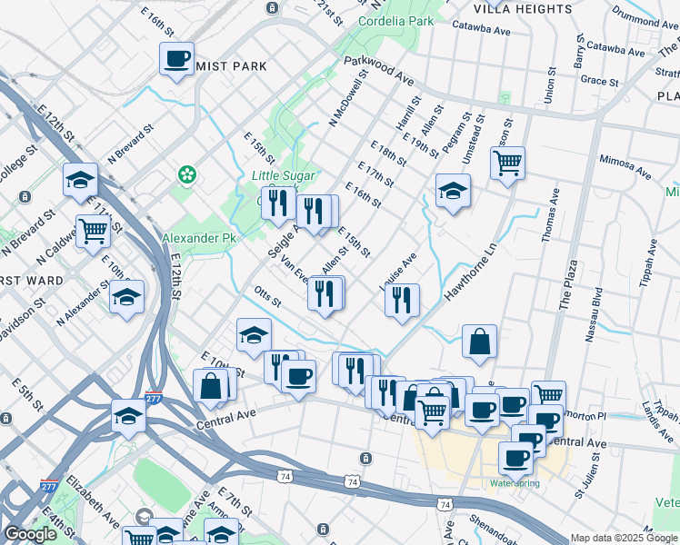 map of restaurants, bars, coffee shops, grocery stores, and more near 1017 Pegram Street in Charlotte