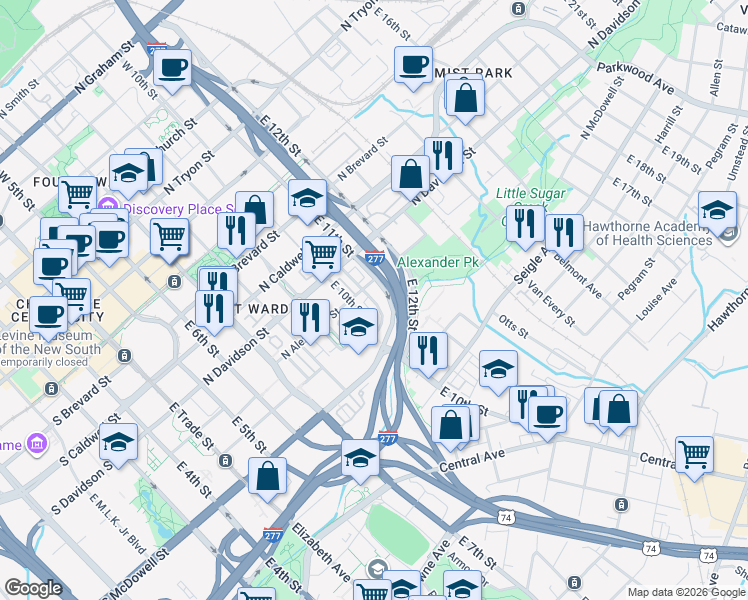 map of restaurants, bars, coffee shops, grocery stores, and more near 816 Garden District Drive in Charlotte