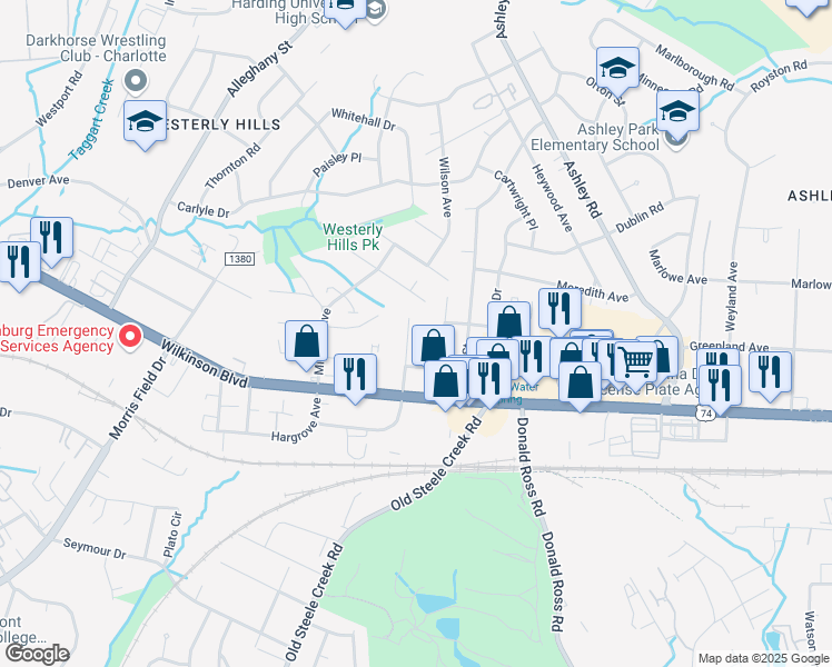 map of restaurants, bars, coffee shops, grocery stores, and more near 2538 Crispin Avenue in Charlotte