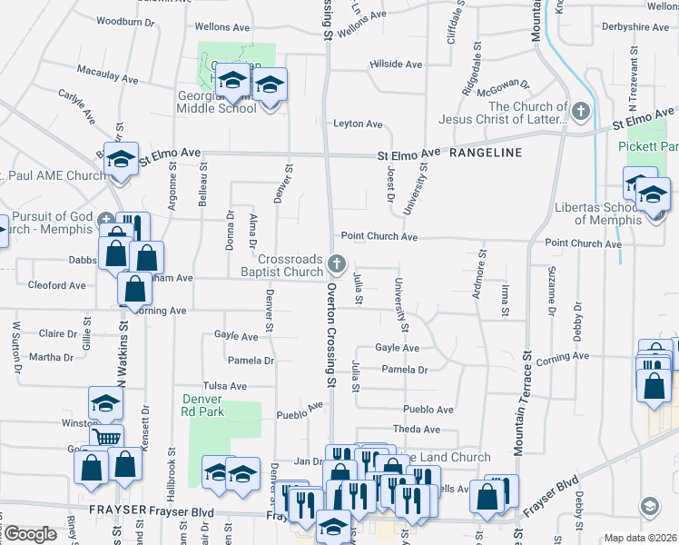 map of restaurants, bars, coffee shops, grocery stores, and more near 3685 Julia Street in Memphis