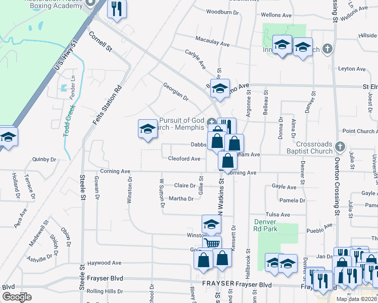 map of restaurants, bars, coffee shops, grocery stores, and more near 1729 Cleoford Avenue in Memphis