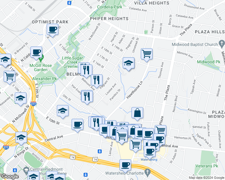 map of restaurants, bars, coffee shops, grocery stores, and more near 1218 Louise Avenue in Charlotte