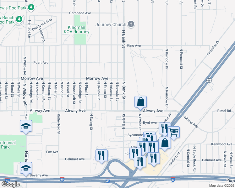 map of restaurants, bars, coffee shops, grocery stores, and more near 3576 North Nevada Street in Kingman