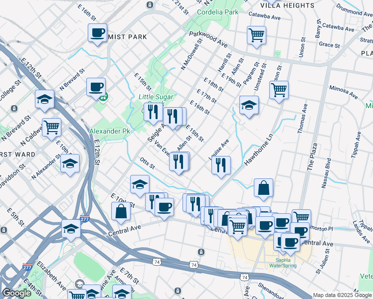 map of restaurants, bars, coffee shops, grocery stores, and more near 1017 Pegram Street in Charlotte