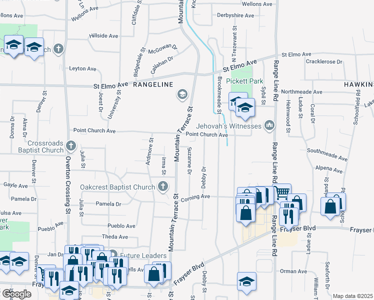 map of restaurants, bars, coffee shops, grocery stores, and more near 3680 Mountain Terrace Street in Memphis