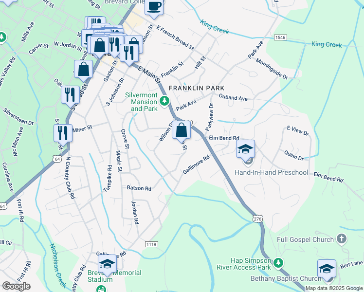 map of restaurants, bars, coffee shops, grocery stores, and more near 630 East Main Street in Brevard