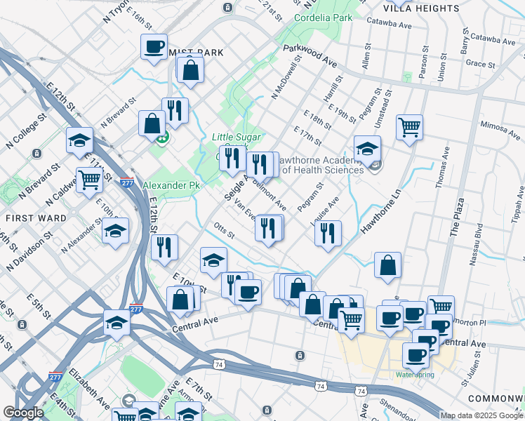 map of restaurants, bars, coffee shops, grocery stores, and more near 1027 Harrill Street in Charlotte