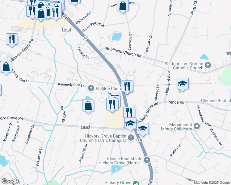 map of restaurants, bars, coffee shops, grocery stores, and more near 5649 Kimmerly Woods Drive in Charlotte